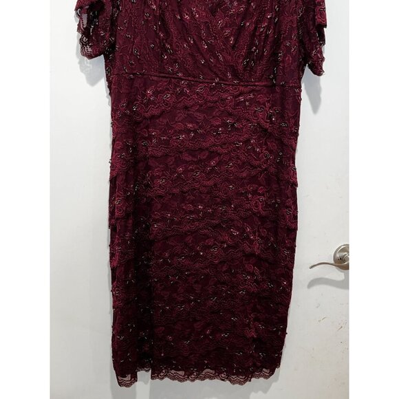 Marina Burgundy Lace Short-Sleeve V-Neck Elegant Formal Women's Midi Dress Size - Picture 4 of 9